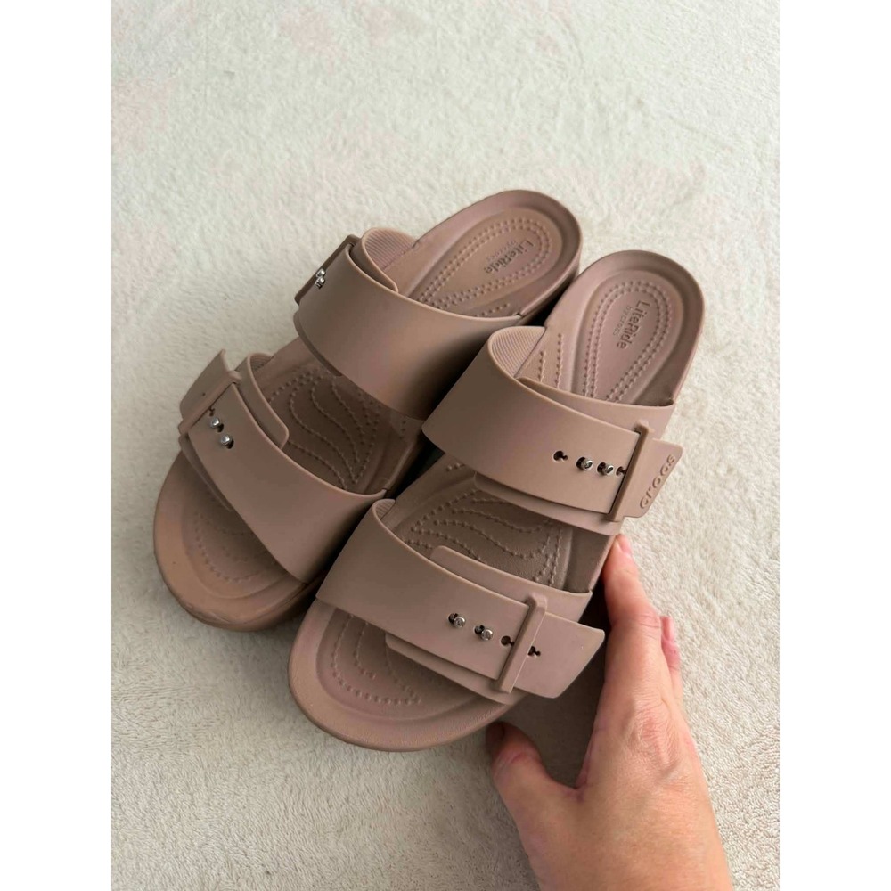 Crocs Womens 10 Tan LiteRide Brooklyn Buckle Low Wedge Platform Slide Sandals